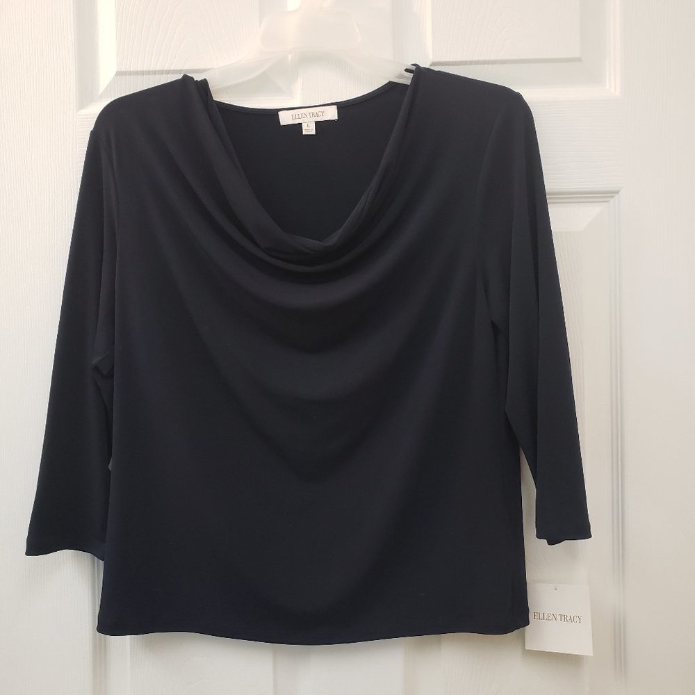 Ellen Tracy, NWT, navy soft, drop front swoop 3/4 sleeve blouse, SZ LG